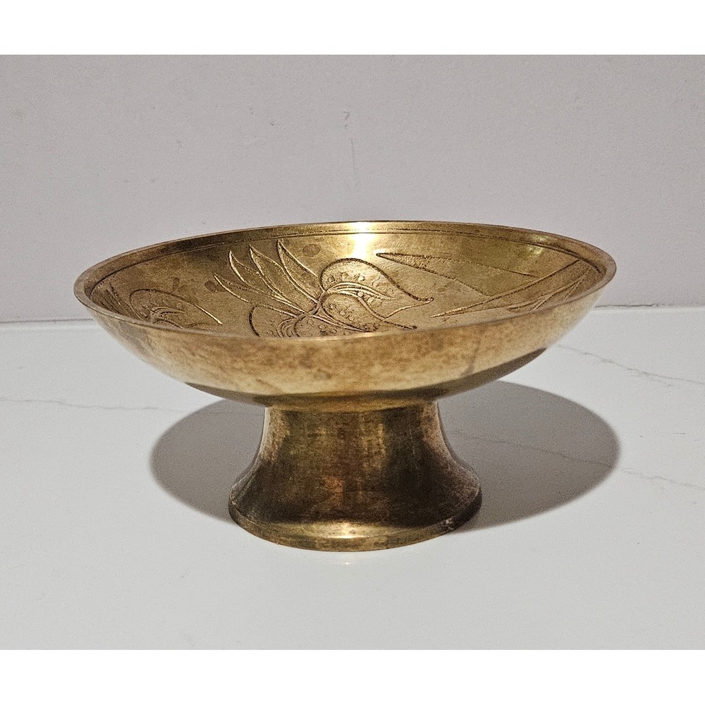 Vintage Etched Brass Pedestal Bowl Iris Floral Footed Trinket Dish Compote
